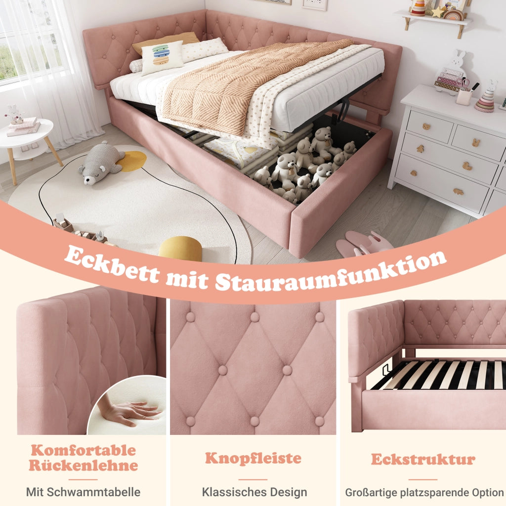 LETTO con contenitore 90x200 cm in velluto rosa