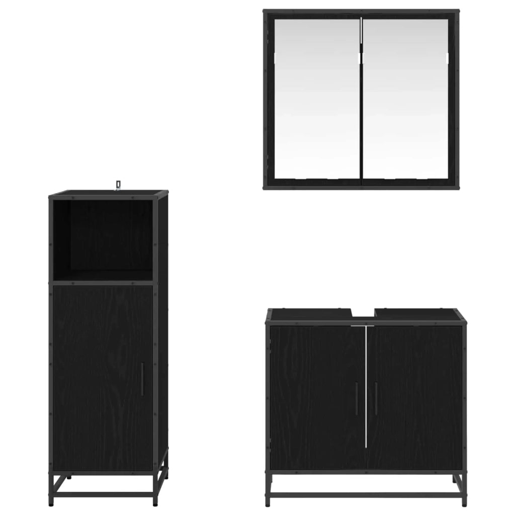 Set di mobili per il Bagno | Armadio da bagno 3 pz Rovere Nero Legno multistrato