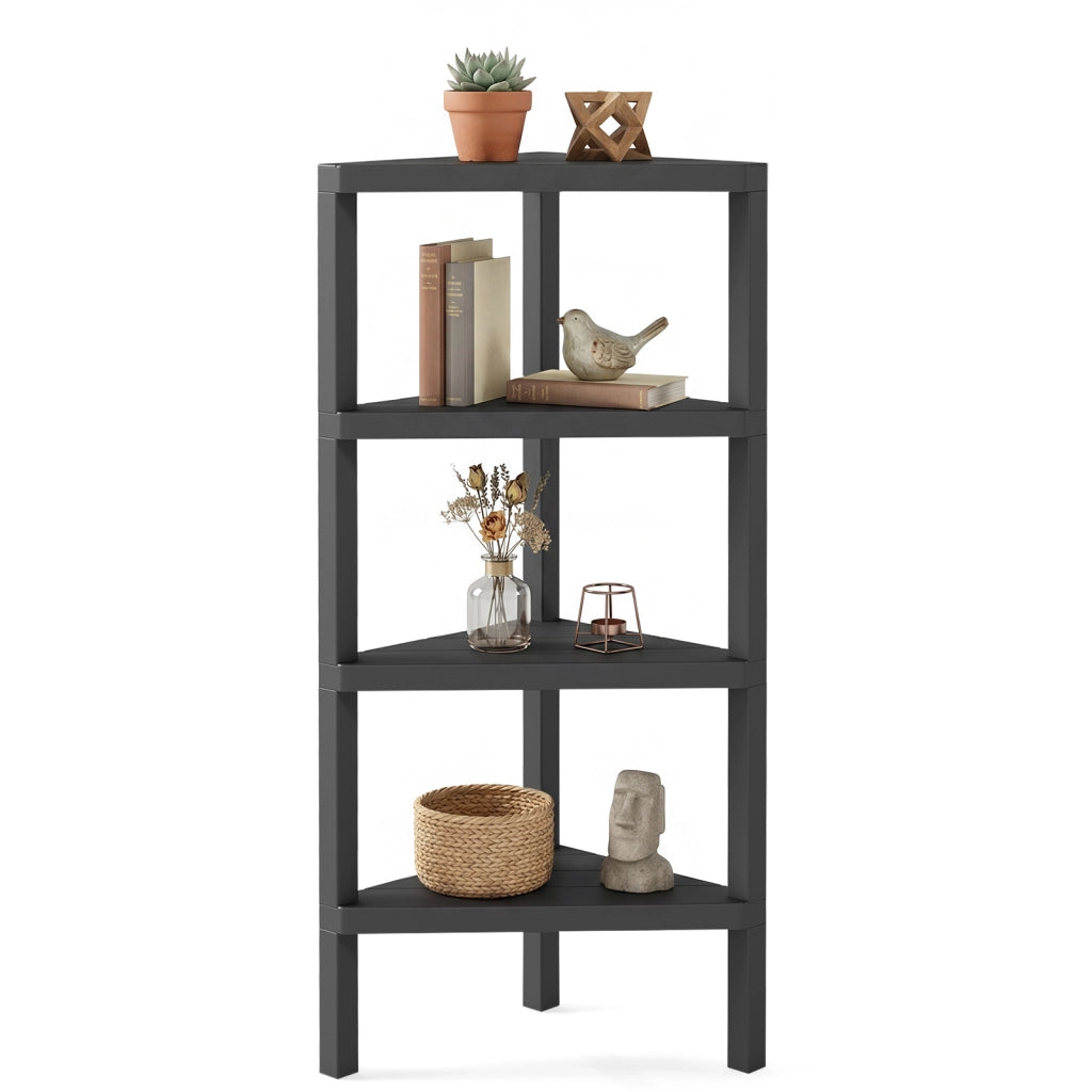 Supporto scaffale ad angolo a 4 ripiani con scaffali a doghe aperte, Libreria moderna per casa e ufficio Nero