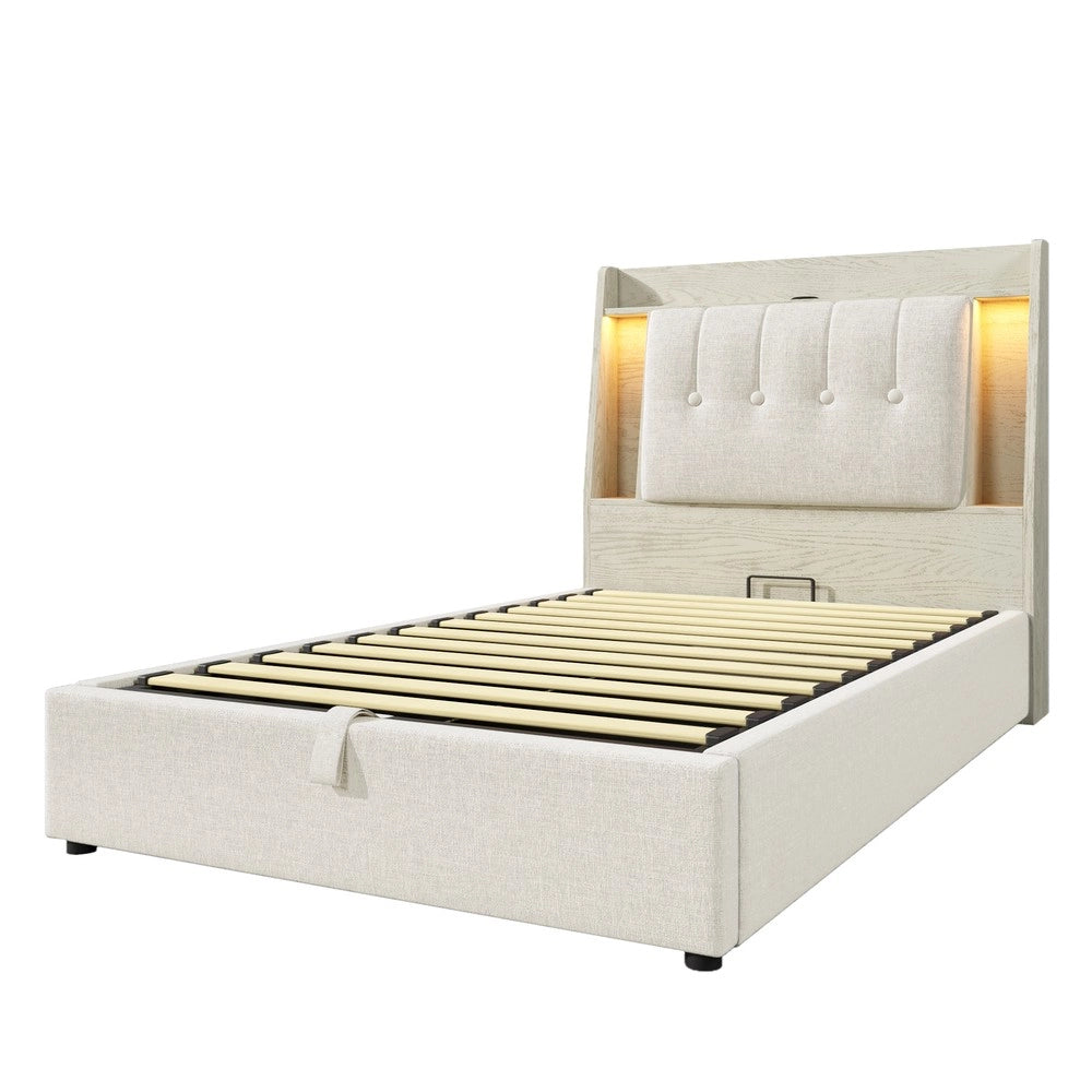 Letto Imbottito con LED e Contenitore ¨C MINIMAL ¨C Lino Beige 90x200