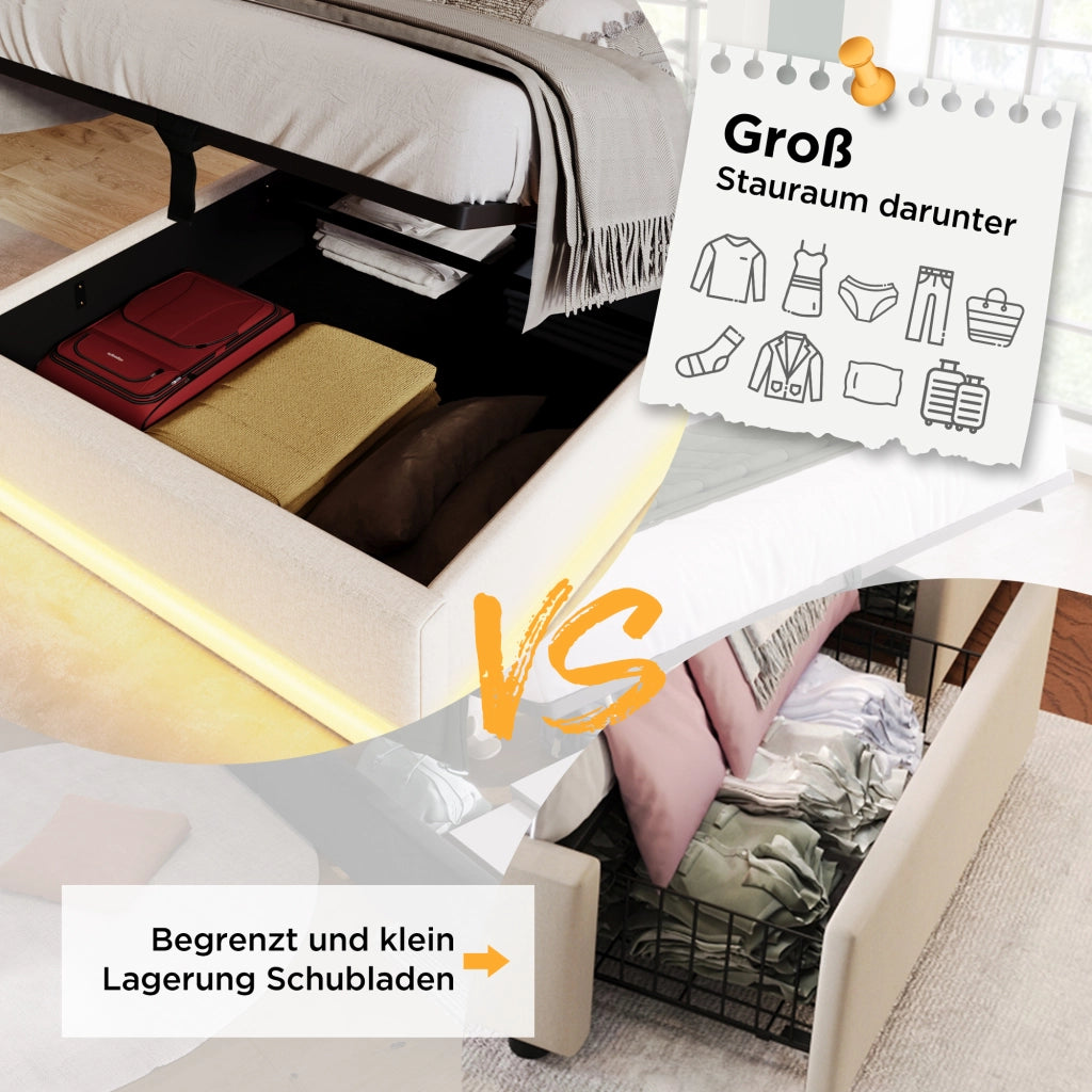 LETTO imbottito 90x200 cm in PU bianco con USB, Type-C e LED 3 lati