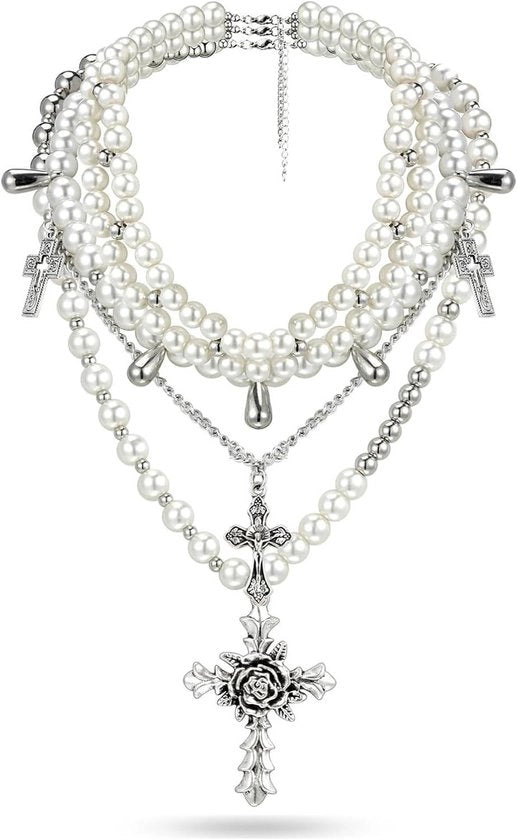 Collana a Croce Gotica con Perle a Strati Multipli Vintage per Donne (Argento)
