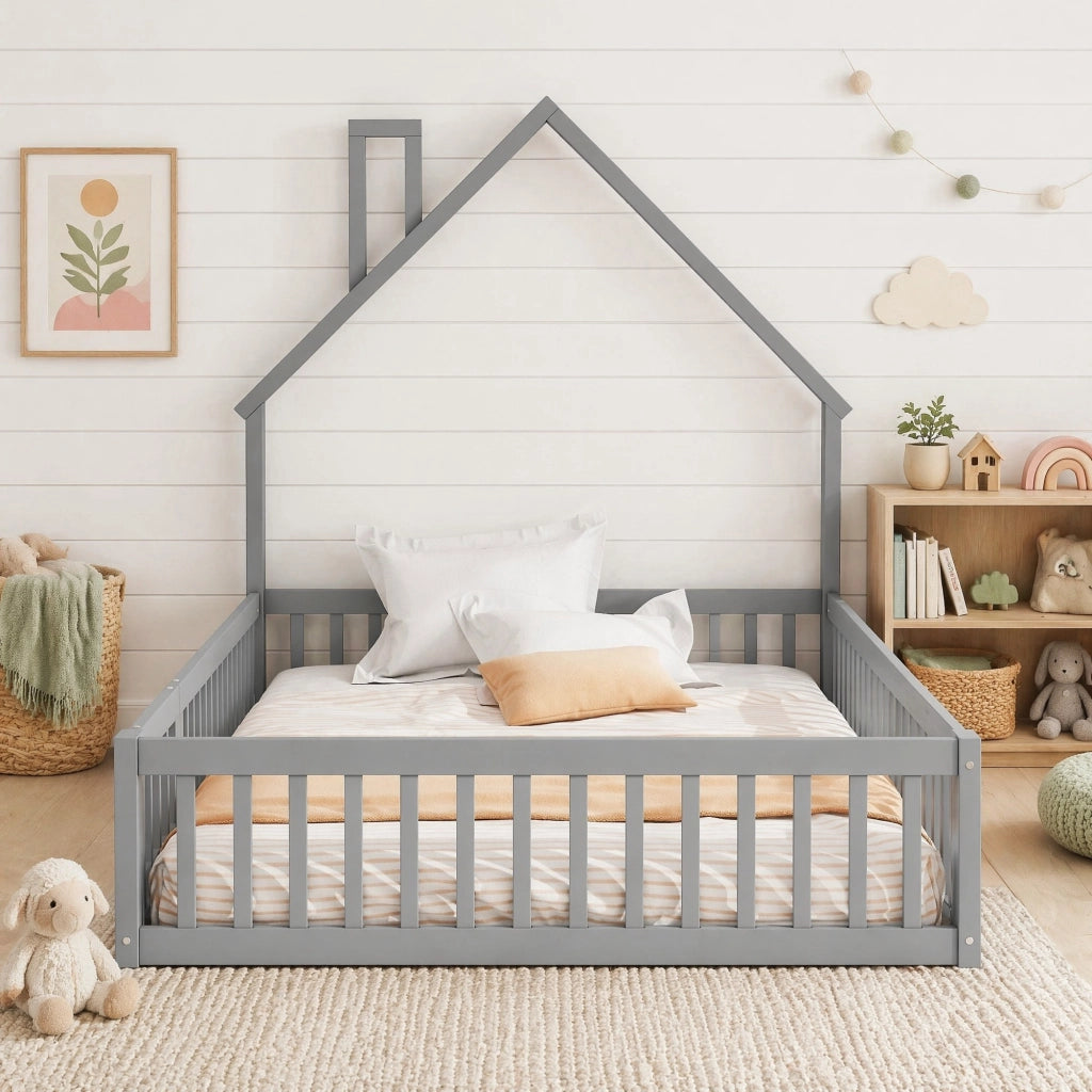 Letto per bambini 140 x 190 cm con forma camino, rete a doghe, grigio