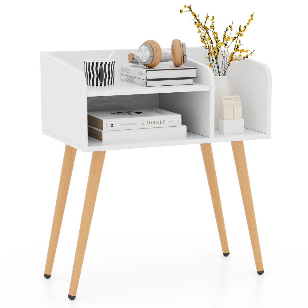 Comodino in stile moderno semplice ma pratico-Tavolino a 2 piani con mensole aperte Bianco + Naturale
