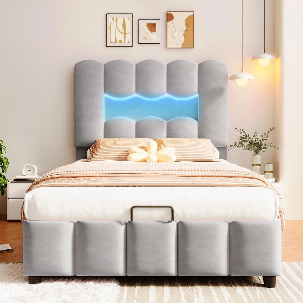 Letto 90x200cm?- Xylo - idraulico LED velluto grigio