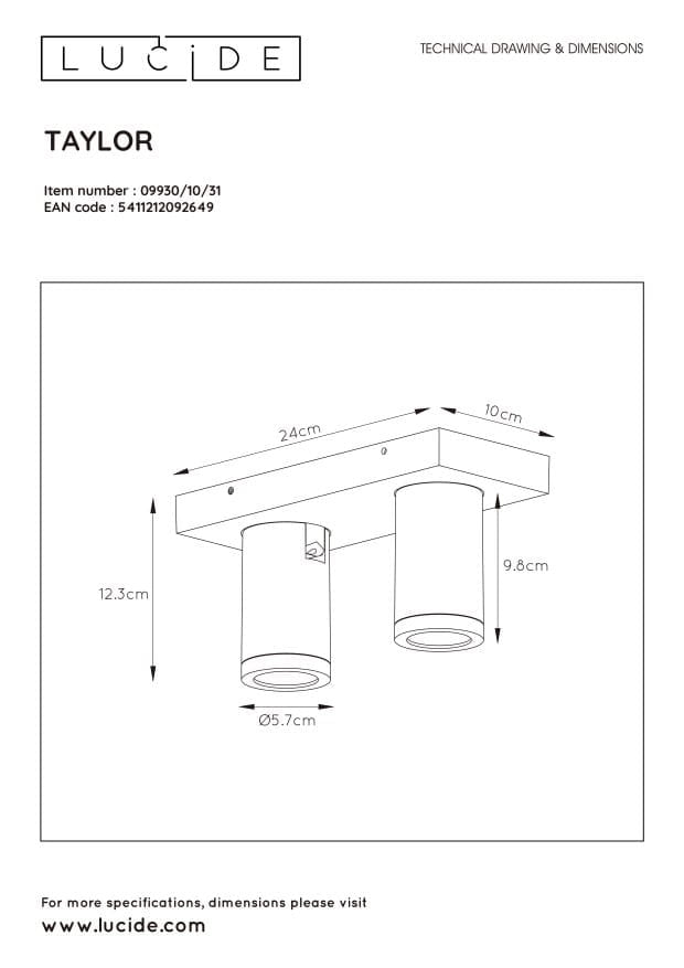 Plafoniera Lucide Taylor bianca 2xGU10 5W dimmer IP44