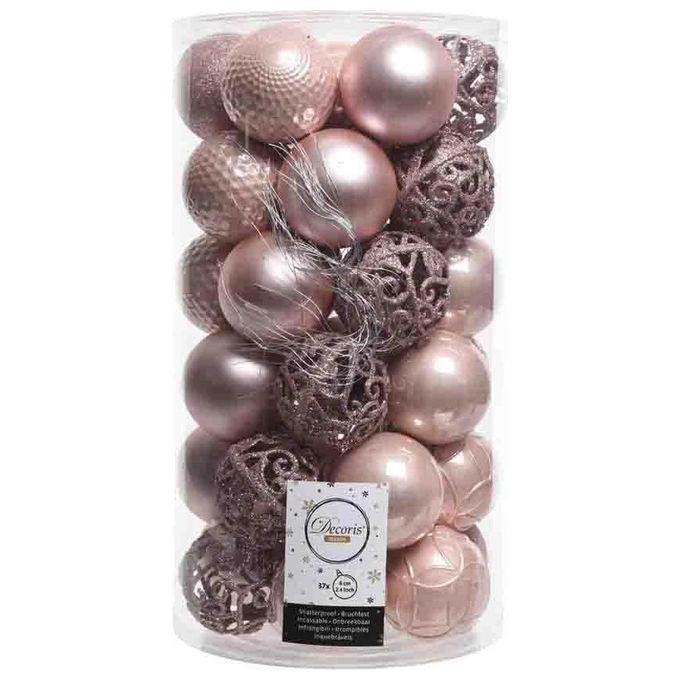 AMICASA 020808 Set 37 Palline Natalizie 6 cm Finiture Matte Lucide e Glitterate colore Rosa Cipria