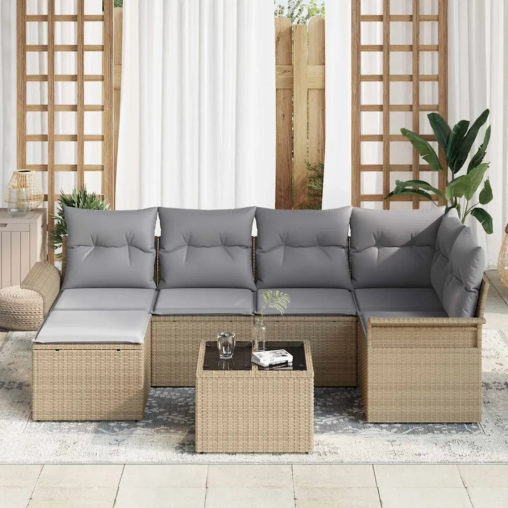 Set Divano da Giardino con cuscino 7 pcs Beige Poly Rattan