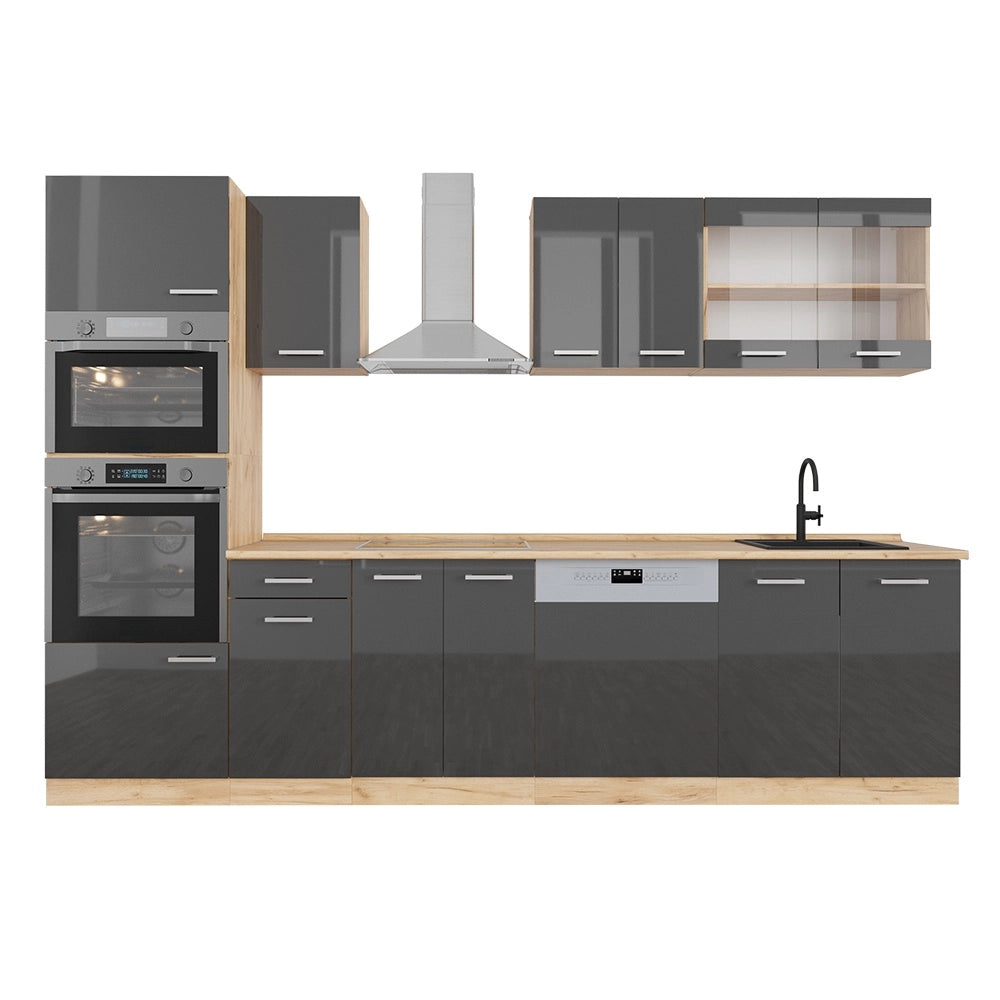 Cucina componibile R-Line Antracite lucido/Rovere dorato 300 cm con armadio alto, senza piano di lavoro Vicco