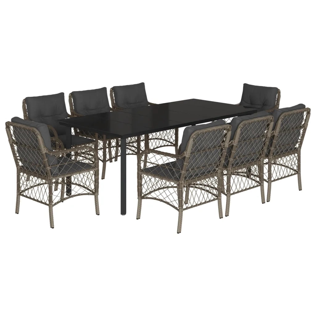 Set da Pranzo da Giardino 9 pz con Cuscini in Polyrattan Grigio