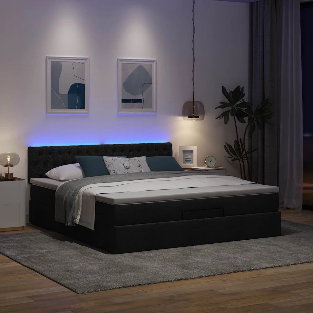 Pouf Letto con Materasso e LED Nero 180x200cm Tessuto