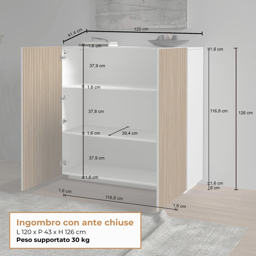 WHOUS Credenza Coste a 2 ante effetto cannetè bianco opaco e legno chiaro 120x43x126 cm