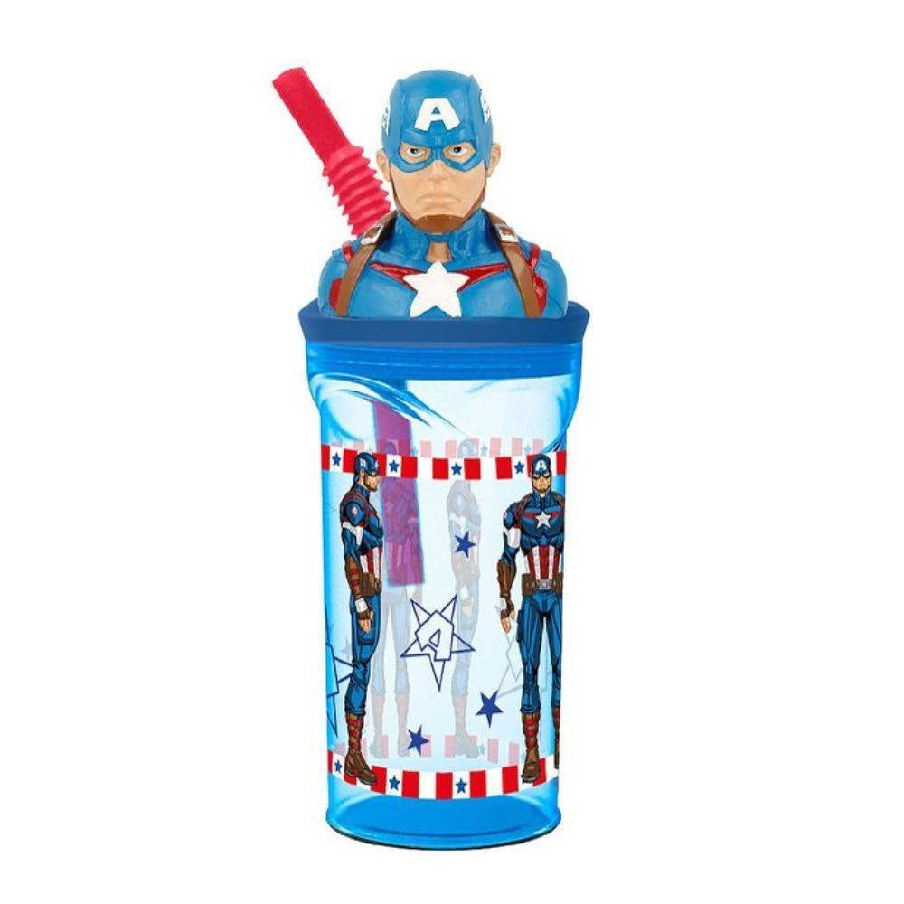 Trade Shop - Bicchiere Con Cannuccia Integrata Capitan America In 3d Capienza 360 Ml Per Bimbi -
