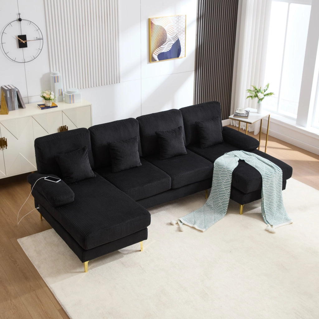 Divano U angolare con LED e USB-C ¨C MINIMAL ¨C Nero, cuscini, struttura in legno massello