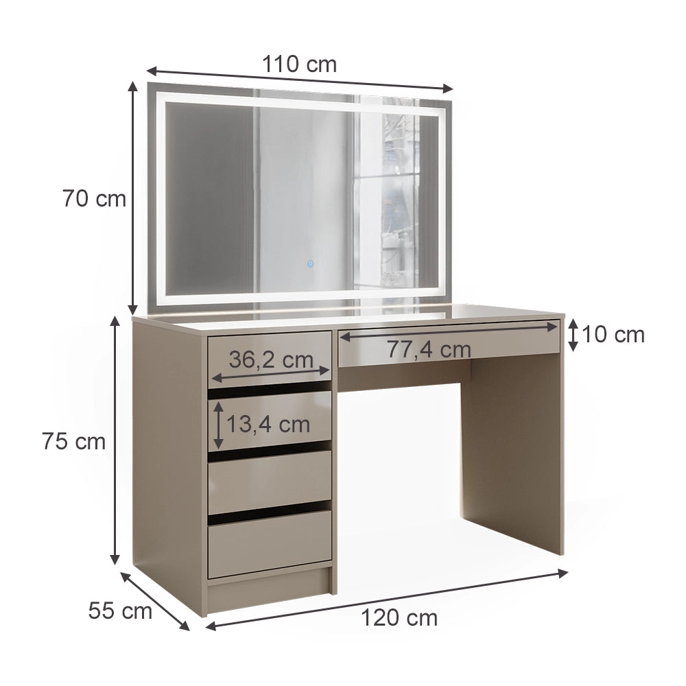 Vicco Tavolo da toilette Grigio lucido 120 cm con specchio a LED