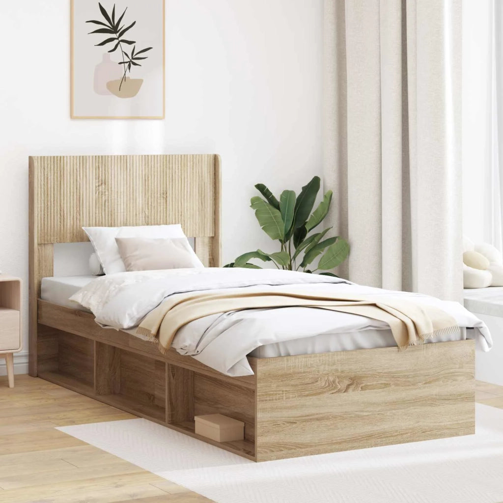 Struttura del letto con stoccaggio e testata-Giroletto con contenitore Rovere Sonoma 367968