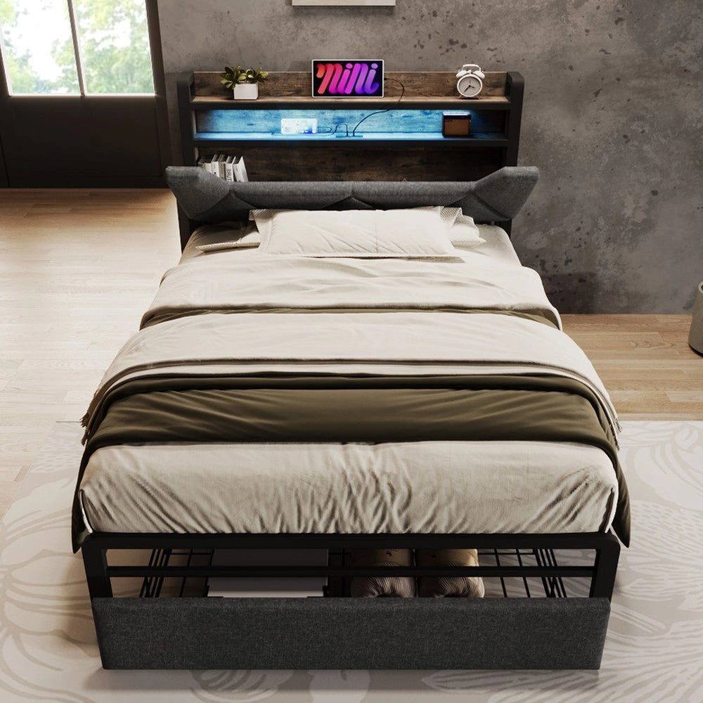 Letto Singolo Imbottito con Contenitore, LED e Cassetti ¨C MINIMAL ¨C Grigio 90x200