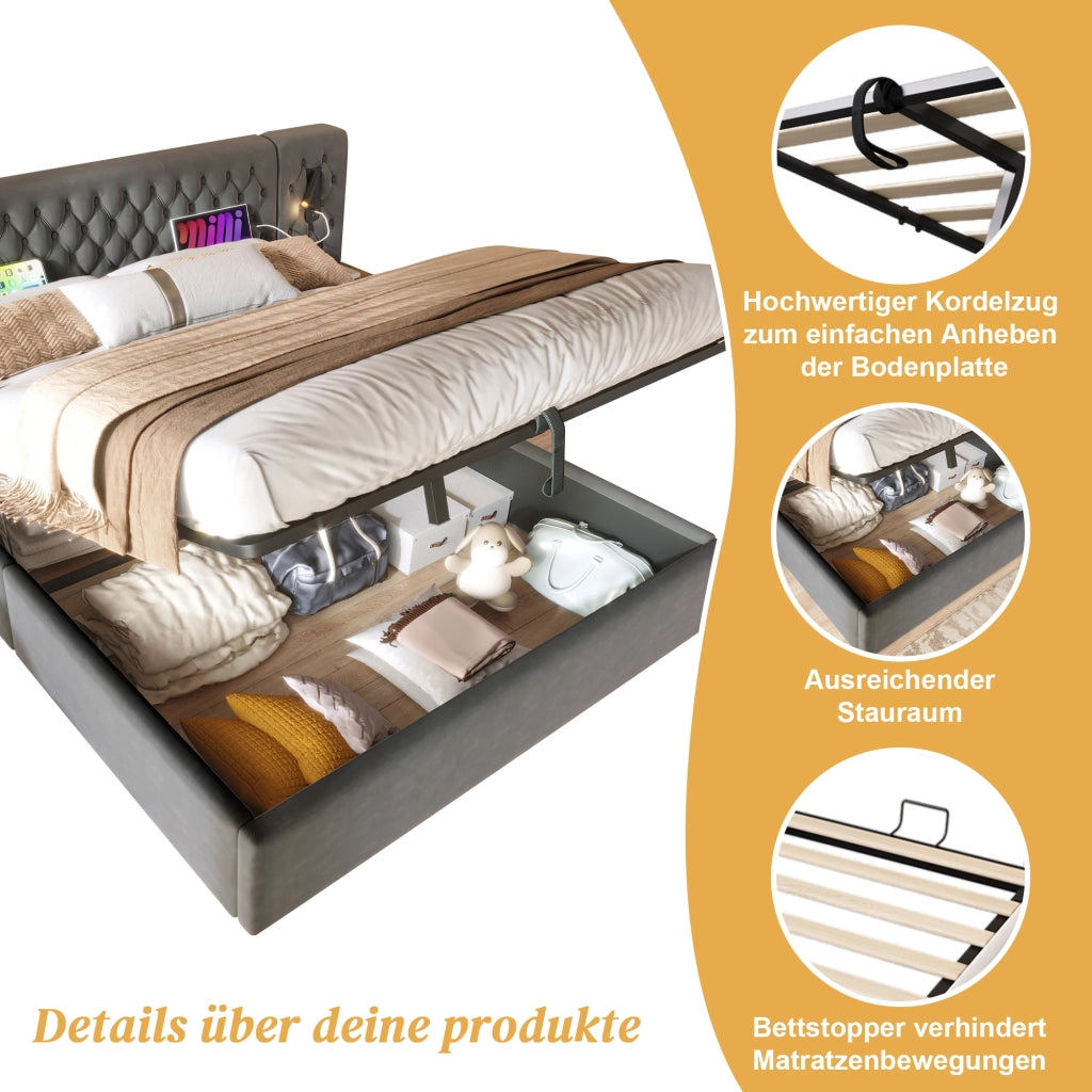 LETTO Contenitore 160x200 cm in Velluto Grigio con 2 Comodini