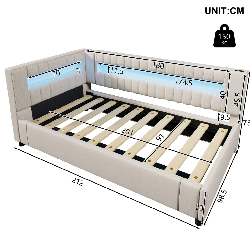 Letto daybed 90x200 cm con LED, contenitore idraulico e porte USB