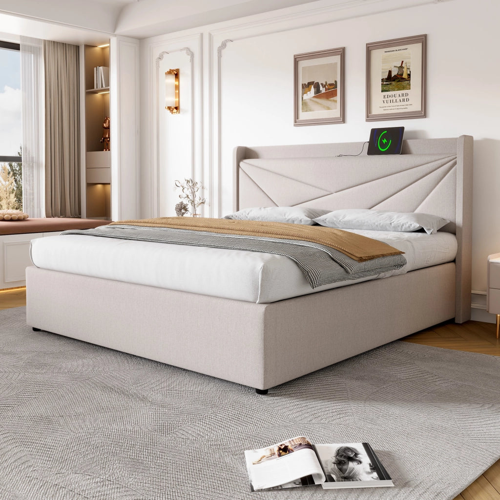 LETTO Contenitore 160x200 cm con USB e USB-C Beige in cotone e lino