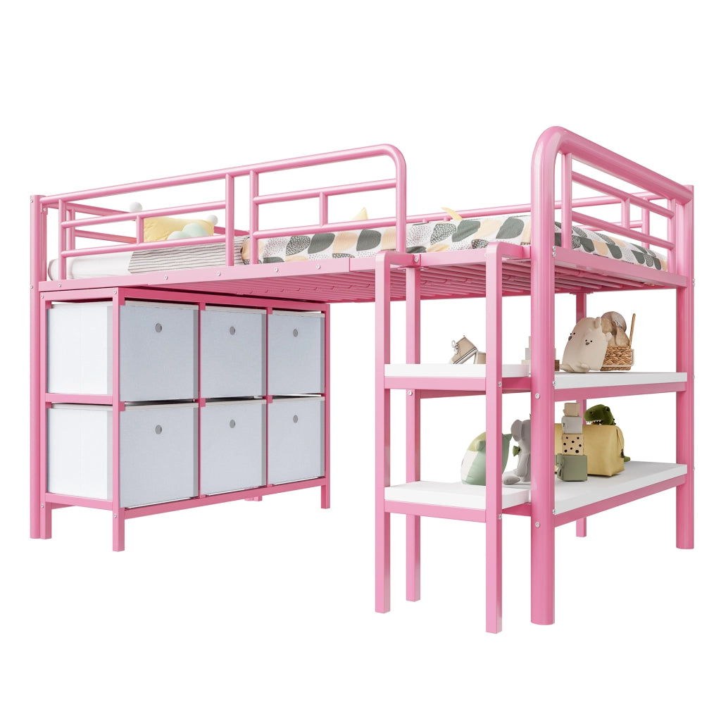 Letto a soppalco basso per bambini 90x200 cm in metallo e MDF rosa con scale larghe, cassetti e ripiani