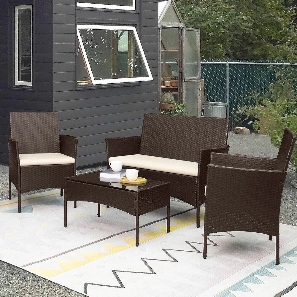 Set Salotto Completo Divano Poltrone Tavolino in Rattan Arredo Giardino Marrone