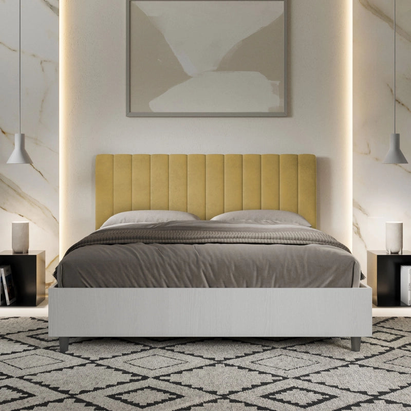 Letto Matrimoniale 160x200 cm struttura bianco frassino testata Kaia - Con rete,Microfibra,Ocra