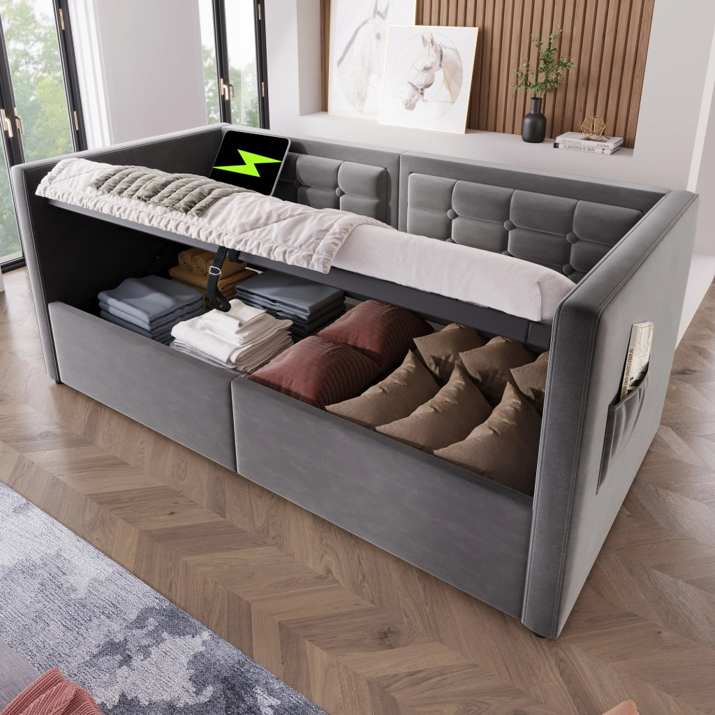 LETTO Divano letto 90x200 cm in velluto grigio con contenitore e USB Type-C