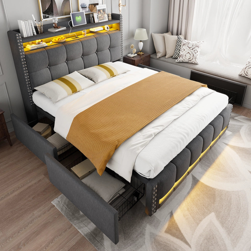 Letto matrimoniale imbottito 160x200 cm con LED, presa USB, testiera con ripiani e cassetti, tessuto effetto lino grigio