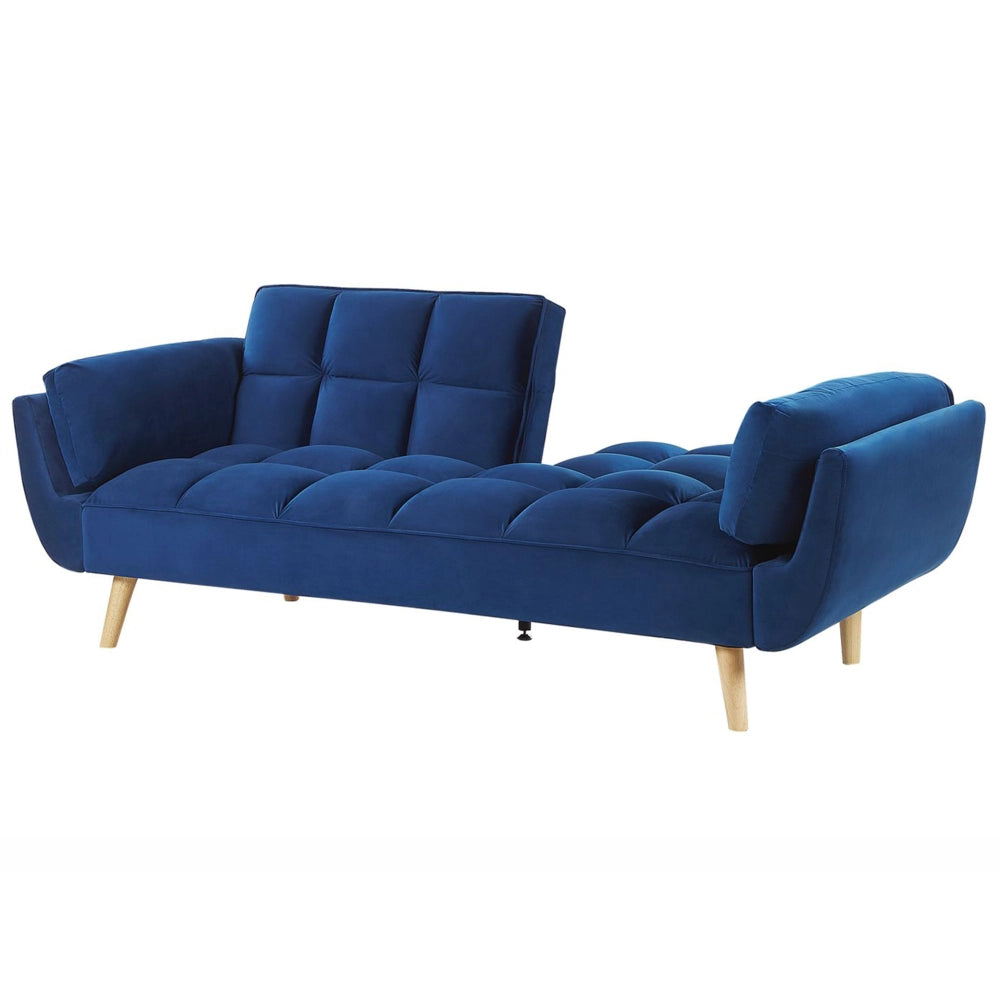 Divano Letto Tessuto Velluto Blu Navy Gambe In Legno A 3 Posti Imbottitura In Schiuma Imbottitura Biscuit Schienale Diviso