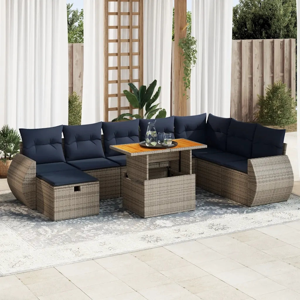 Set Divani da Giardino 9 pz con Cuscini Grigio Polyrattan Acacia 3328076