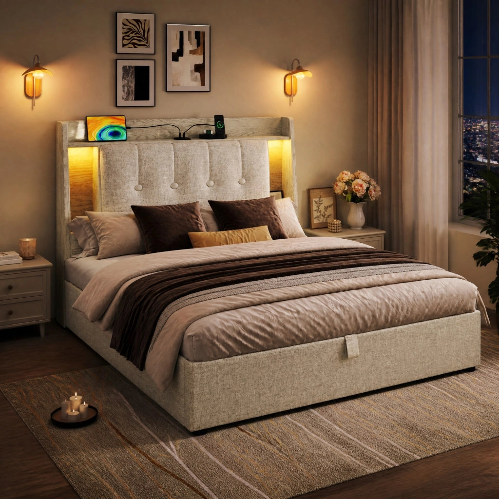 LETTO imbottito 90x200 cm Beige in lino e MDF con USB, LED e vano contenitore