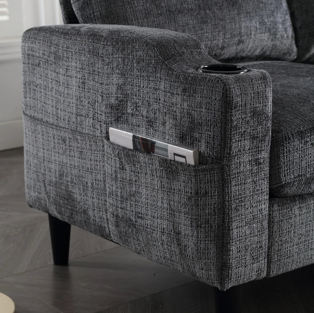 Divano 4 posti con pouf contenitore; portabicchieri e tasche laterali; grigio