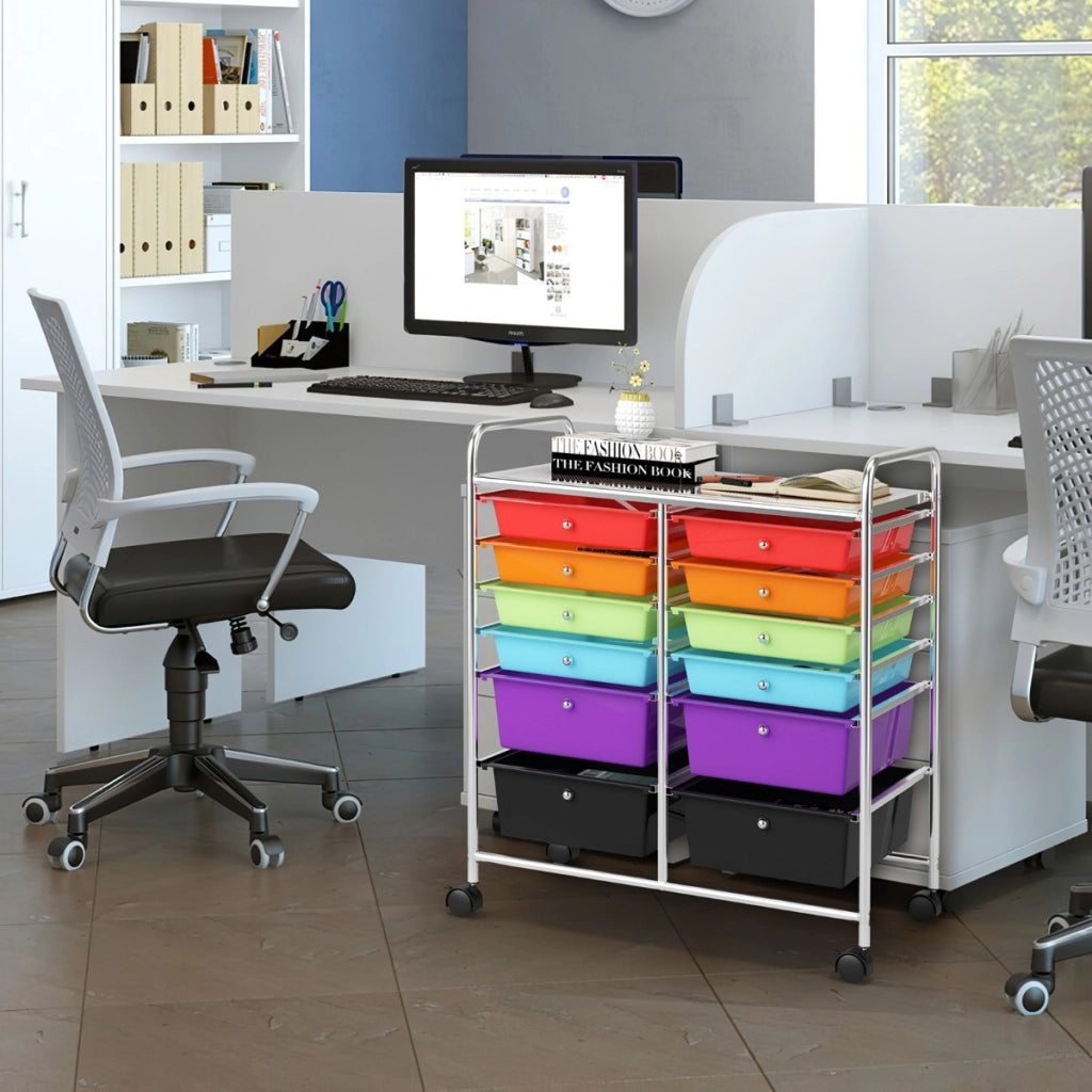 Carrello con 12 cassetti in plastica da ufficio e domestico, Carrello multiuso 64x38x75cm Colorato-Armadi da ufficio