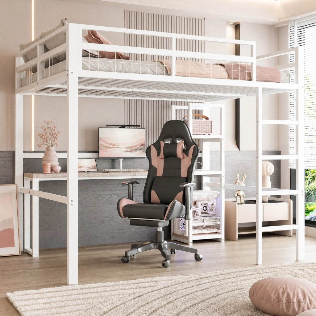 Letto a soppalco 140x200 cm con scrivania, ripiani e prese USB Type-C