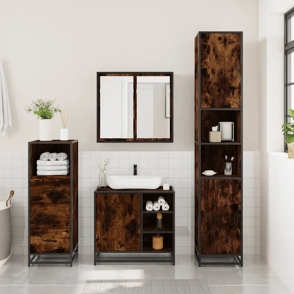 Set Mobili da Bagno 3 pz Rovere Fumo in Legno Multistrato 3301027