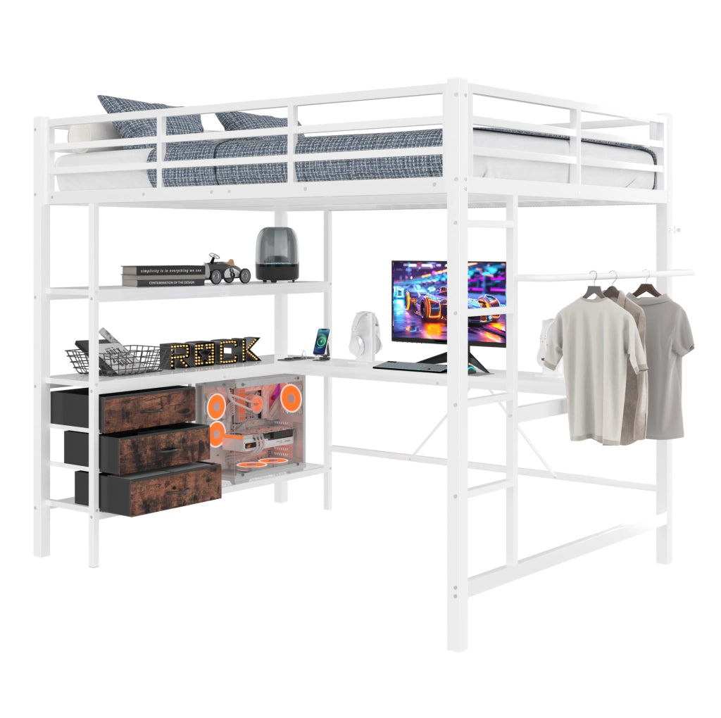 Letto a soppalco 140x200 cm con scrivania, LED, cassetti e presa USB