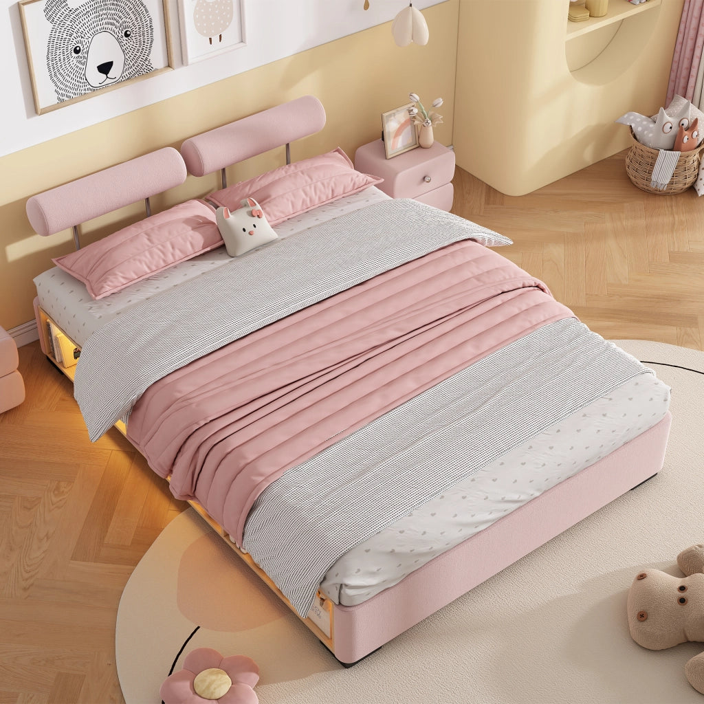 LETTO imbottito con LED e scaffale laterale aperto 140x200 cm velluto rosa