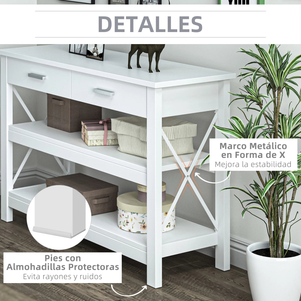 Tavolo console con 2 cassetti e ripiani ¨C Minimal ¨C Bianco 105x40x76 cm