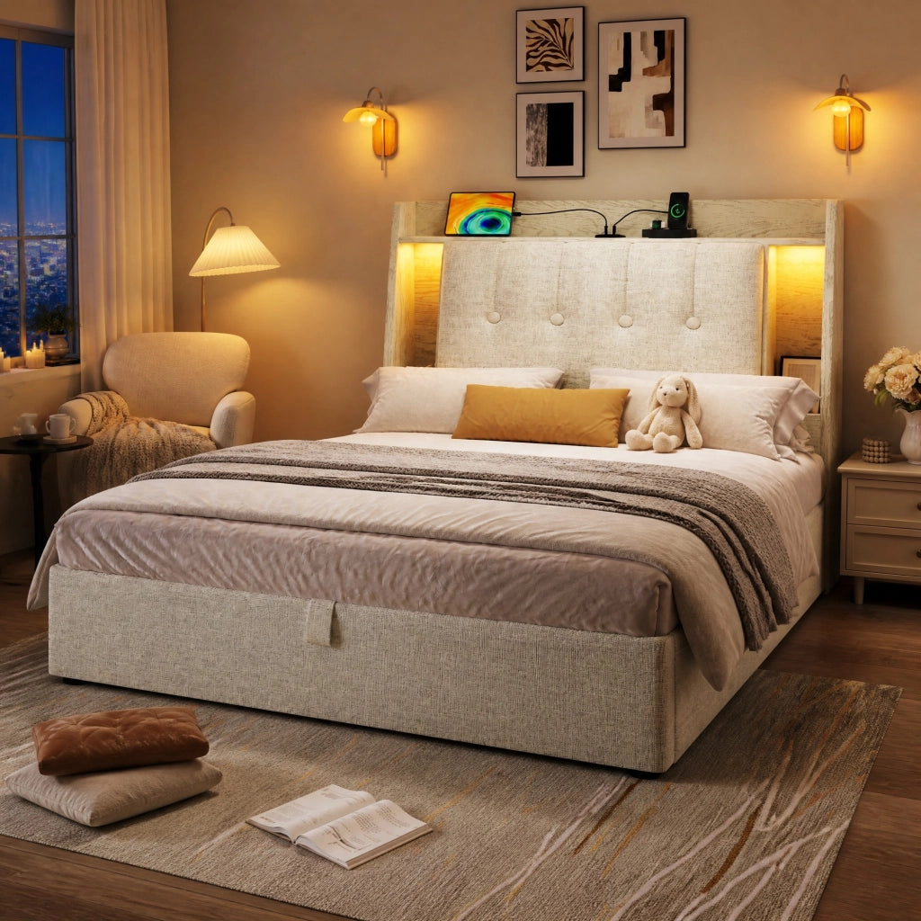 LETTO imbottito 90x200 cm Beige in lino e MDF con USB, LED e vano contenitore