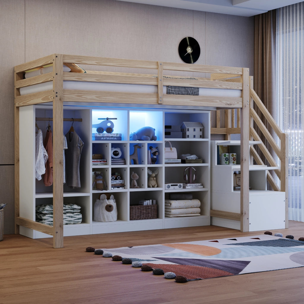 Letto a Soppalco con Contenitore e LED ¨C MINIMAL ¨C Legno 90x200