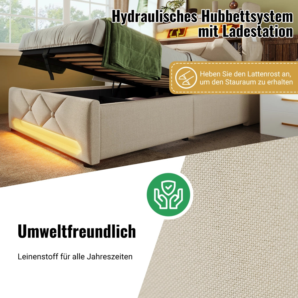 LETTO 160x200 cm in Lino Beige con LED, USB e Type-C, contenitore idraulico