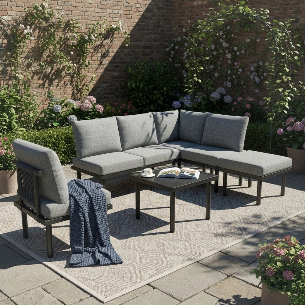 Set da giardino con cornice in ferro zincato - Zephmum- 6 posti, corda grigia, piedi regolabili, tavolo in vetro