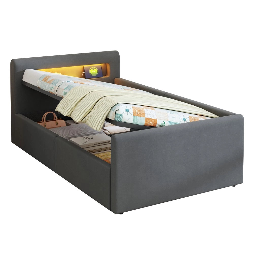 Letto Singolo Imbottito con LED, USB e Contenitore Idraulico ¨C MINIMAL ¨C Velluto Grigio Scuro 90x200