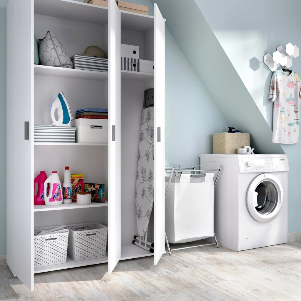 Armadio multiuso Aniello, Mobile multifunzione portascope, Guardaroba a 3 ante, 116x35h190 cm, Bianco