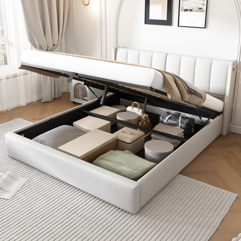 LETTO Contenitore 140x200 cm PU Bianco con LED e rete a doghe