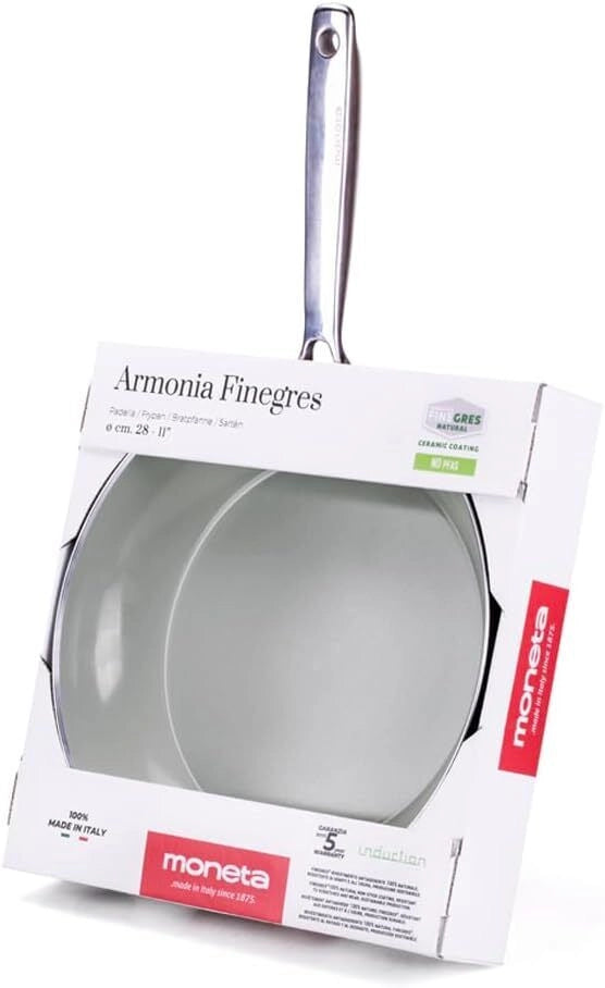 Moneta 0005390130 Armonia Finegres Padella 30 cm Alluminio Forgiato Rivestimento Antiaderente Naturale Senza PTFE PFAS PFOA Nichel Full Induction per Tutti i Piani Cottura incluso Induzione Manico Acciaio Inox Fissato con Rivetti colore Nero