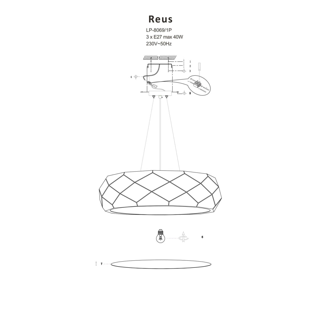 Lampada a sospensione Reus Light Prestige 3xE27 nera