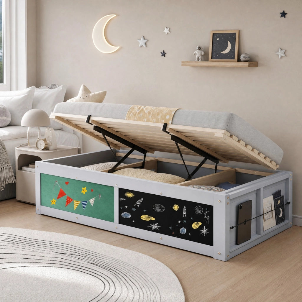 Letto contenitore 90 × 200 cm con spazio libri lavagna e pannello in feltro legno grigio