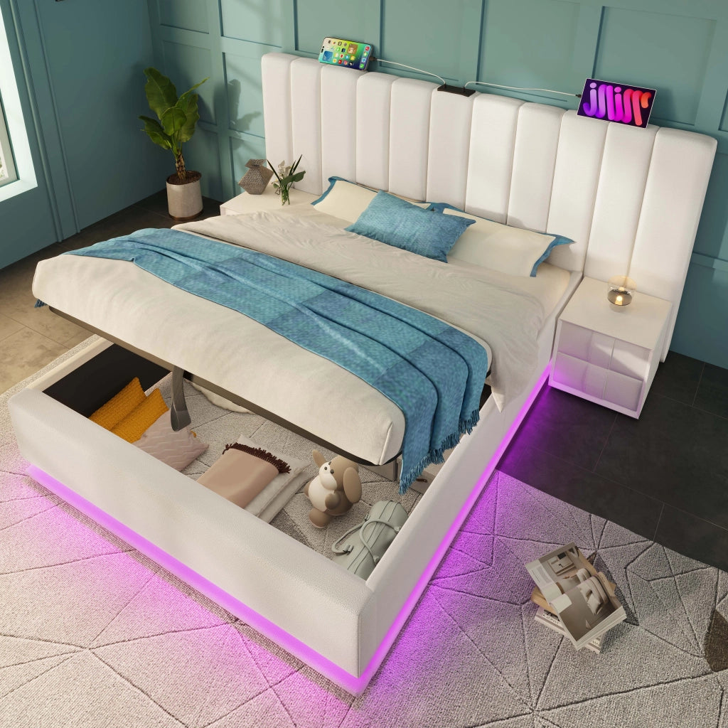 LETTO Contenitore 160x200 cm in PU Bianco con LED e ricarica USB-C